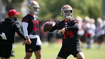 Jun 11, 2025; Santa Clara, CA, USA; San Francisco 49ers quarterback Tanner Mordecai (14) throws a pass during a team OTA at Levi's Stadium. Mandatory Credit: D. Ross Cameron-Imagn Images