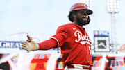 May 17, 2025; Cincinnati, Ohio, USA; Cincinnati Reds outfielder Rece Hinds (57) reacts after hitting a solo home run in the seventh inning against the Cleveland Guardians at Great American Ball Park. Mandatory Credit: Katie Stratman-Imagn Images