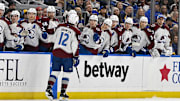 Dec 29, 2023; St. Louis, Missouri, USA;  Colorado Avalanche center Ryan Johansen (12) is congratulated by teammates after scoring against the St. Louis Blues during the first period at Enterprise Center. Mandatory Credit: Jeff Curry-USA TODAY Sports