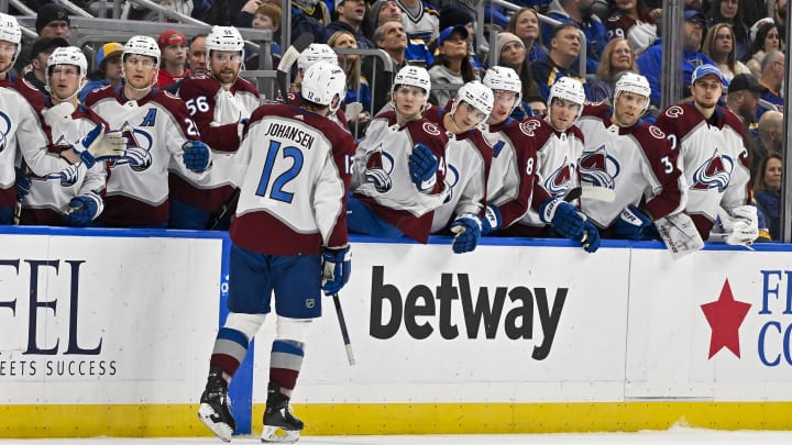 Dec 29, 2023; St. Louis, Missouri, USA;  Colorado Avalanche center Ryan Johansen (12) is congratulated by teammates after scoring against the St. Louis Blues during the first period at Enterprise Center. Mandatory Credit: Jeff Curry-USA TODAY Sports