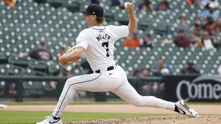 Apr 17, 2024; Detroit, Michigan, USA; Detroit Tigers pitcher Shelby Miller (7) throws during the