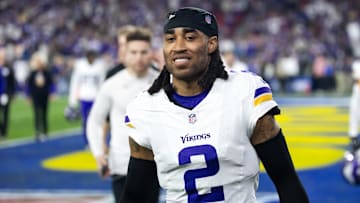 Jan 13, 2025; Glendale, AZ, USA; Minnesota Vikings cornerback Stephon Gilmore (2) against the Los Angeles Rams during an NFC wild card game at State Farm Stadium. Mandatory Credit: Mark J. Rebilas-Imagn Images