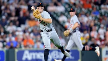 Apr 30, 2025; Houston, Texas, USA; Detroit Tigers third baseman Jace Jung (17) throws a fielded ball to first base for an out against the Houston Astros during the fifth inning at Daikin Park. Mandatory Credit: Erik Williams-Imagn Images