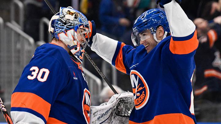 Feb 4, 2025; Elmont, New York, USA; New York Islanders defenseman Alexander Romanov (28) celebrates the 2-1 victory against the Vegas Golden Knights with New York Islanders goaltender Ilya Sorokin (30) after the game at UBS Arena. Mandatory Credit: Dennis Schneidler-Imagn Images Feb 4, 2025; Elmont, New York, USA; New York Islanders defenseman Alexander Romanov (28) celebrates the 2-1 victory against the Vegas Golden Knights with New York Islanders goaltender Ilya Sorokin (30) after the game at UBS Arena. Mandatory Credit: Dennis Schneidler-Imagn Images