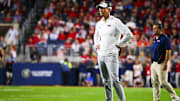 Nov 15, 2025; Oxford, Mississippi, USA; Mississippi Rebels head coach Lane Kiffin reacts to a play against the Florida Gators during the first half at Vaught-Hemingway Stadium. Mandatory Credit: Petre Thomas-Imagn Images