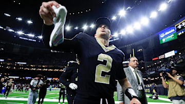 New Orleans Saints QB Spencer Rattler (2) celebrates after his fist career win against the New York Giants on Oct. 5, 2025