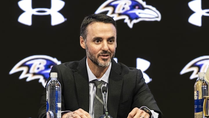 Jan 29, 2026; Owings Mills, MD, USA; Jesse Minter smiling during opening remarks at press conference at Under Armour Performance Center. Mandatory Credit: Lexi Thompson-Imagn Images