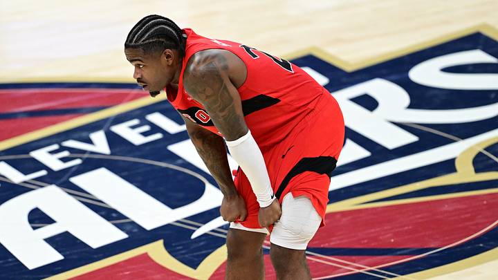 Apr 20, 2026; Cleveland, Ohio, USA; Toronto Raptors guard Jamal Shead (23) reacts during the second half during game two of the first round of the 2026 NBA Playoffs against the Cleveland Cavaliers at Rocket Arena. Mandatory Credit: David Dermer-Imagn Images