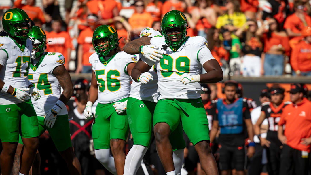 Oregon defensive lineman Terrance Green celebrates a stop as the Oregon State Beavers host the Oregon Ducks Saturday, Sept. 14, 2024 at Reser Stadium in Corvallis, Ore.