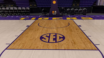 Dec 13, 2022; Baton Rouge, Louisiana, USA; General view of the SEC logo before the game between the LSU Tigers and the North Carolina Central Eagles at Pete Maravich Assembly Center. Mandatory Credit: Stephen Lew-Imagn Images
