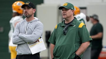 Packers head coach Matt LaFleur, left, talks with general manager Brian Gutekunst during organized team activities in Green Bay, Wisconsin on May 23, 2023.