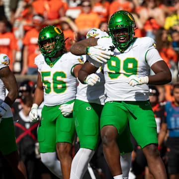 Oregon defensive lineman Terrance Green celebrates a stop as the Oregon State Beavers host the Oregon Ducks Saturday, Sept. 14, 2024 at Reser Stadium in Corvallis, Ore.