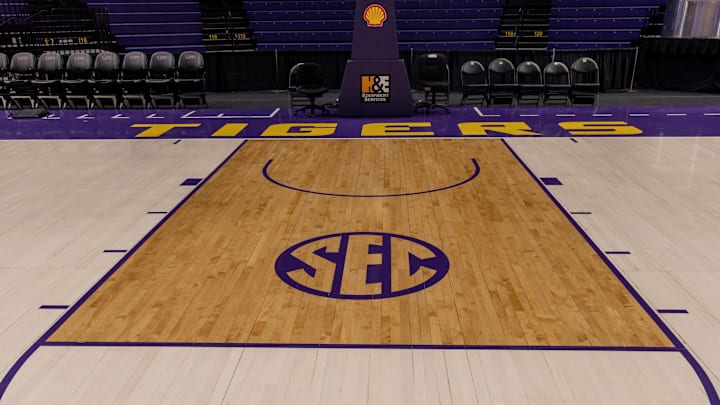Dec 13, 2022; Baton Rouge, Louisiana, USA; General view of the SEC logo before the game between the LSU Tigers and the North Carolina Central Eagles at Pete Maravich Assembly Center. Mandatory Credit: Stephen Lew-Imagn Images
