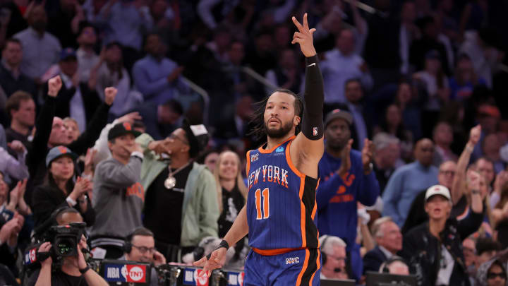 Apr 30, 2024; New York, New York, USA; New York Knicks guard Jalen Brunson (11) celebrates his three point shot against the Philadelphia 76ers during overtime in game 5 of the first round of the 2024 NBA playoffs at Madison Square Garden. Mandatory Credit: Brad Penner-USA TODAY Sports