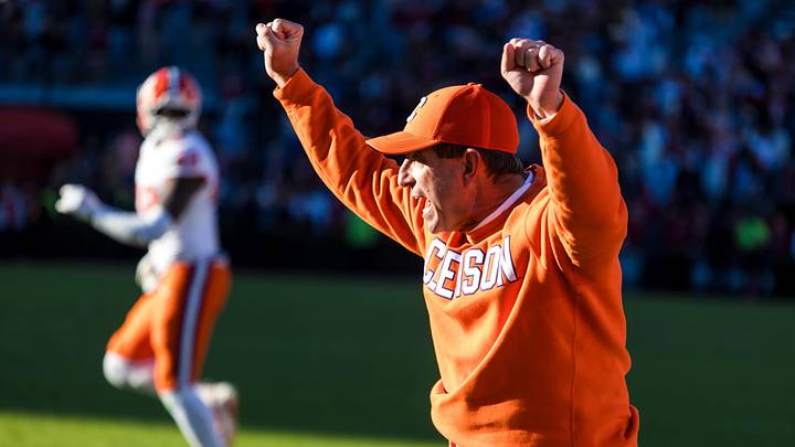 Nov 29, 2025; Columbia, South Carolina, USA; Clemson Tigers head coach Dabo Swinney celebrates a play against the South Carolina Gamecocks in the fourth quarter at Williams-Brice Stadium. Mandatory Credit: Jeff Blake-Imagn Images