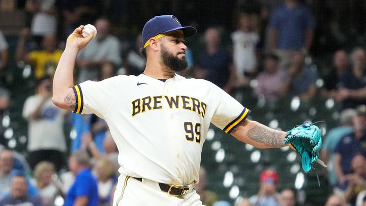 Aug 18, 2026; Milwaukee, Wisconsin, USA; Milwaukee Brewers catcher Gary Sánchez (99) delivers a pitch against the Seattle Mariners in the ninth inning at American Family Field. Final Milwaukee Brewers 22, Seattle Mariners 0. Mandatory Credit: Michael McLoone-Imagn Images