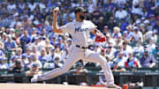 May 7, 2023; Chicago, Illinois, USA; Miami Marlins starting pitcher Sandy Alcantara (22) throws the ball against the Chicago Cubs during the first inning at Wrigley Field.