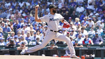 May 7, 2023; Chicago, Illinois, USA; Miami Marlins starting pitcher Sandy Alcantara (22) throws the ball against the Chicago Cubs during the first inning at Wrigley Field.