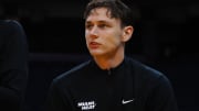 Jul 10, 2024; San Francisco, CA, USA; Miami Heat guard Pelle Larsson (9) on the sideline during the first quarter against the Los Angeles Lakers at Chase Center. Mandatory Credit: Kelley L Cox-USA TODAY Sports