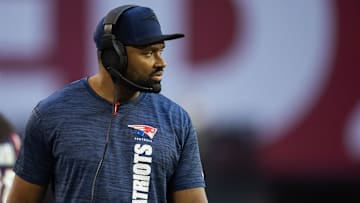 Dec 15, 2024; Glendale, Arizona, USA; New England Patriots head coach Jerod Mayo against the Arizona Cardinals at State Farm Stadium. Mandatory Credit: Mark J. Rebilas-Imagn Images