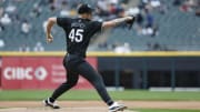 Apr 29, 2024; Chicago, Illinois, USA; Chicago White Sox starting pitcher Garrett Crochet (45) delivers a pitch against the Minnesota Twins during the first inning at Guaranteed Rate Field. Mandatory Credit: Kamil Krzaczynski-USA TODAY Sports