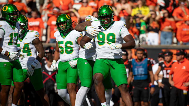 Oregon defensive lineman Terrance Green celebrates a stop as the Oregon State Beavers host the Oregon Ducks Saturday, Sept. 14, 2024 at Reser Stadium in Corvallis, Ore.