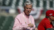 Oct 10, 2022; Atlanta, Georgia, USA; Philadelphia Phillies president Dave Dombrowski watches a team workout for the NLDS at Truist Park