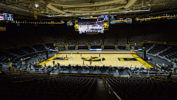Nov 25, 2020; Iowa City, Iowa, USA; A general view of a largely empty Carver-Hawkeye Arena during the first half of the game between the Iowa Hawkeyes and the North Carolina Central Eagles. Mandatory Credit: Jeffrey Becker-Imagn Images