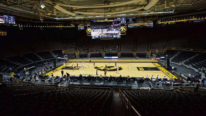 Nov 25, 2020; Iowa City, Iowa, USA; A general view of a largely empty Carver-Hawkeye Arena during the first half of the game between the Iowa Hawkeyes and the North Carolina Central Eagles. Mandatory Credit: Jeffrey Becker-Imagn Images