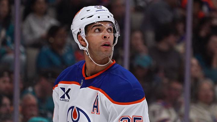 Apr 8, 2026; San Jose, California, USA;  Edmonton Oilers defenseman Darnell Nurse (25) looks up at the scoreboard during a break in the action against the San Jose Sharks during the second period at SAP Center at San Jose. Mandatory Credit: David Gonzales-Imagn Images