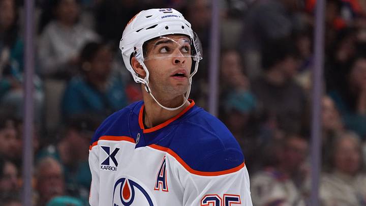 Apr 8, 2026; San Jose, California, USA;  Edmonton Oilers defenseman Darnell Nurse (25) looks up at the scoreboard during a break in the action against the San Jose Sharks during the second period at SAP Center at San Jose. Mandatory Credit: David Gonzales-Imagn Images
