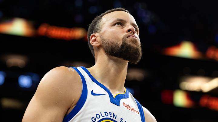 Apr 17, 2026; Phoenix, Arizona, USA; Golden State Warriors guard Stephen Curry (30) reacts against the Phoenix Suns during the play-in rounds of the 2026 NBA Playoffs at Mortgage Matchup Center. Mandatory Credit: Mark J. Rebilas-Imagn Images