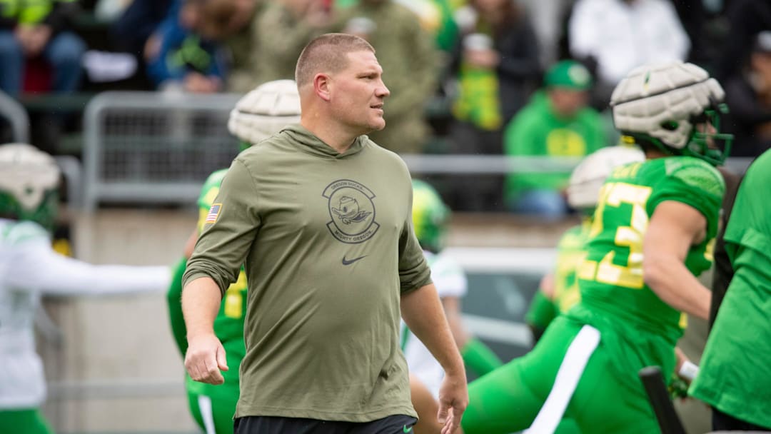 Oregon defensive coordinator Tosh Lupoi walks the field during the Oregon Ducks’ Spring Game Saturday, April 27. 2024 at Autzen Stadium in Eugene, Ore.