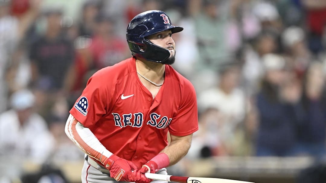 Aug 8, 2025; San Diego, California, USA; Boston Red Sox right fielder Wilyer Abreu (52) hits a two-run home run during the fourth inning against the San Diego Padres at Petco Park. Mandatory Credit: Denis Poroy-Imagn Images Aug 8, 2025; San Diego, California, USA; Boston Red Sox right fielder Wilyer Abreu (52) hits a two-run home run during the fourth inning against the San Diego Padres at Petco Park. Mandatory Credit: Denis Poroy-Imagn Images