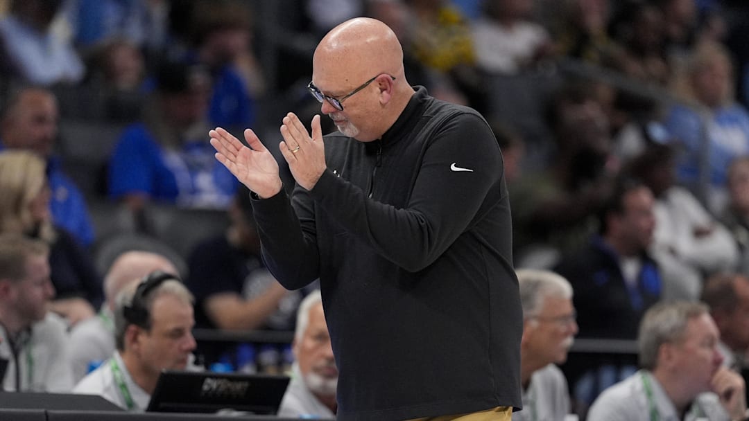 Mar 13, 2025; Charlotte, NC, USA; Wake Forest Demon Deacons head coach Steve Forbes applauds his team against the North Carolina Tar Heels during the second half at Spectrum Center. Mandatory Credit: Jim Dedmon-Imagn Images