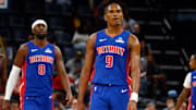 Oct 6, 2025; Memphis, Tennessee, USA; Detroit Pistons forward Ausar Thompson (9) looks on during the third quarter against the Memphis Grizzlies at FedExForum. Mandatory Credit: Petre Thomas-Imagn Images