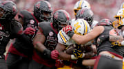 Missouri Tigers running back Ahmad Hardy (29) is brought down during a college football game between the University of Oklahoma Sooners (OU) and the Missouri Tigers at Gaylord Family Ð Oklahoma Memorial Stadium in Norman, Okla., on Saturday. Oklahoma won 17-6.