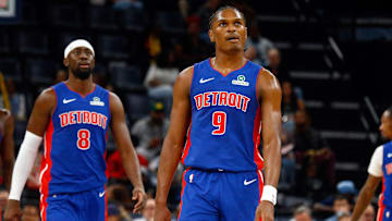 Oct 6, 2025; Memphis, Tennessee, USA; Detroit Pistons forward Ausar Thompson (9) looks on during the third quarter against the Memphis Grizzlies at FedExForum. Mandatory Credit: Petre Thomas-Imagn Images