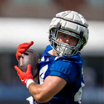 New York Giants running back Cam Skattebo (44) makes a catch during day one of the New York Giants training camp at Quest Diagnostics Giants Training Center in East Rutherford on Wednesday, July 23, 2025.