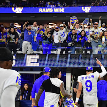 Oct 24, 2024; Inglewood, California, USA; Los Angeles Rams quarterback Matthew Stafford (9) celebrates the victory against the Minnesota Vikings at SoFi Stadium. Mandatory Credit: Gary A. Vasquez-Imagn Images