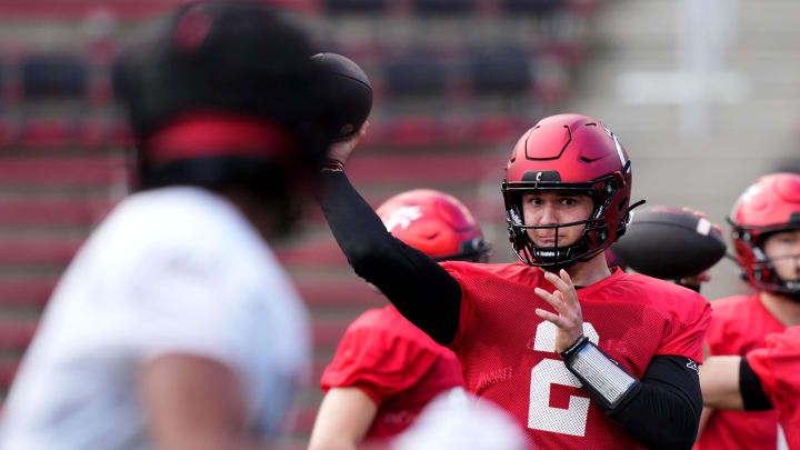 Cincinnati Bearcats quarterback Brendan Sorsby (2) throws during spring football practice, Monday, March 4, 2024, at Nippert Stadium in Cincinnati.