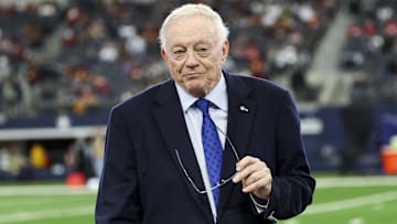 Jan 5, 2025; Arlington, Texas, USA;  Dallas Cowboys owner Jerry Jones before the game against the Washington Commanders at AT&T Stadium. Mandatory Credit: Kevin Jairaj-Imagn Images