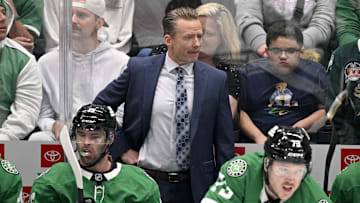 Oct 28, 2025; Dallas, Texas, USA; Dallas Stars head coach Glen Gulutzan looks on during the first period against the Washington Capitals at the American Airlines Center. Mandatory Credit: Jerome Miron-Imagn Images
