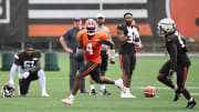 Aug 5, 2024; Cleveland Browns quarterback Deshaun Watson (4) rolls out during practice at the Browns training facility in Berea, Ohio. Mandatory Credit: Bob Donnan-USA TODAY Sports