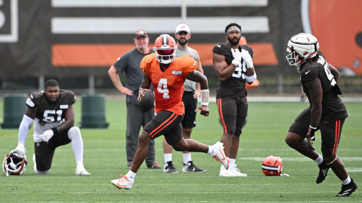 Aug 5, 2024; Cleveland Browns quarterback Deshaun Watson (4) rolls out during practice at the Browns training facility in Berea, Ohio. Mandatory Credit: Bob Donnan-USA TODAY Sports