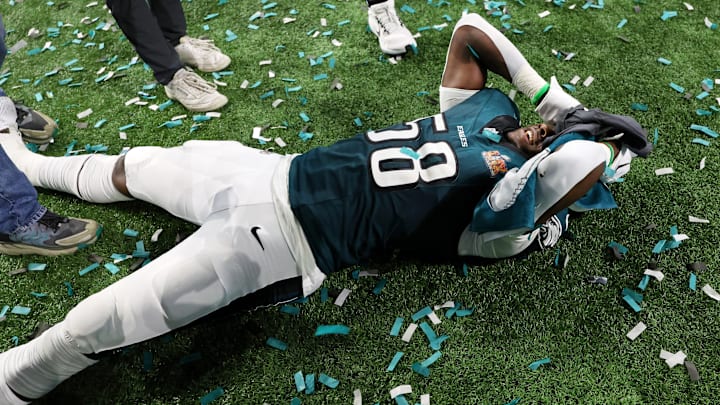 Philadelphia Eagles linebacker Jalyx Hunt celebrates after winning Super Bowl LIX. Philadelphia Eagles linebacker Jalyx Hunt celebrates after winning Super Bowl LIX.