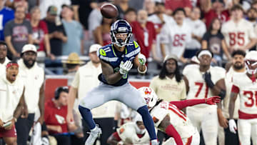 Sep 25, 2025; Glendale, Arizona, USA; Seattle Seahawks wide receiver Jaxon Smith-Njigba (11) against the Arizona Cardinals at State Farm Stadium. Mandatory Credit: Mark J. Rebilas-Imagn Images
