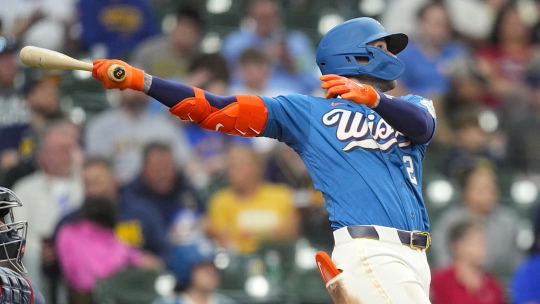 Apr 12, 2026; Milwaukee, Wisconsin, USA;  Milwaukee Brewers second baseman Brice Turang (2) hits a home run during the third inning against the Washington Nationals at American Family Field. Mandatory Credit: Jeff Hanisch-Imagn Images