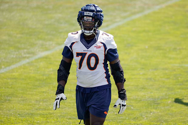 Denver Broncos offensive tackle Isaiah Prince (70) during training camp at Centura Health Training Center.
