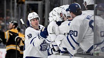 Feb 25, 2025; Boston, Massachusetts, USA; Toronto Maple Leafs right wing Mitch Marner (16) celebrates with his teammates after scoring a goal against the Boston Bruins during the third period at the TD Garden. Mandatory Credit: Brian Fluharty-Imagn Images